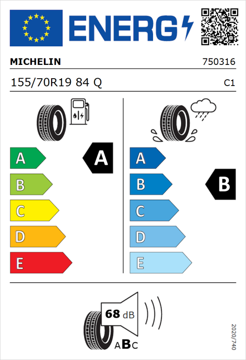 Tyre Label for Michelin e.primacy 155/70R19 84Q