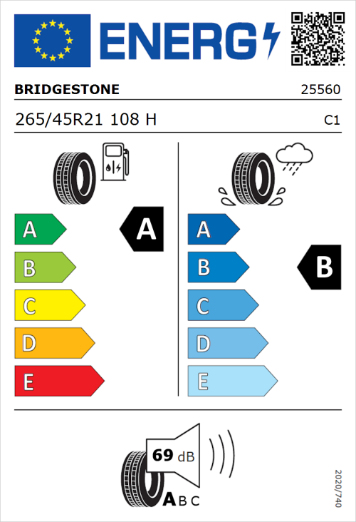 Tyre Label for Bridgestone Alenza 001 265/45R21 108H