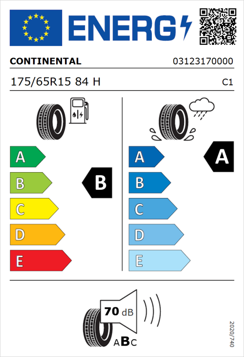 Tyre Label for Continental UltraContact 175/65R15 84H