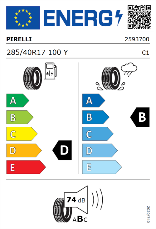 Tyre Label for Pirelli P Zero Asimmetrico 285/40R17 100Y